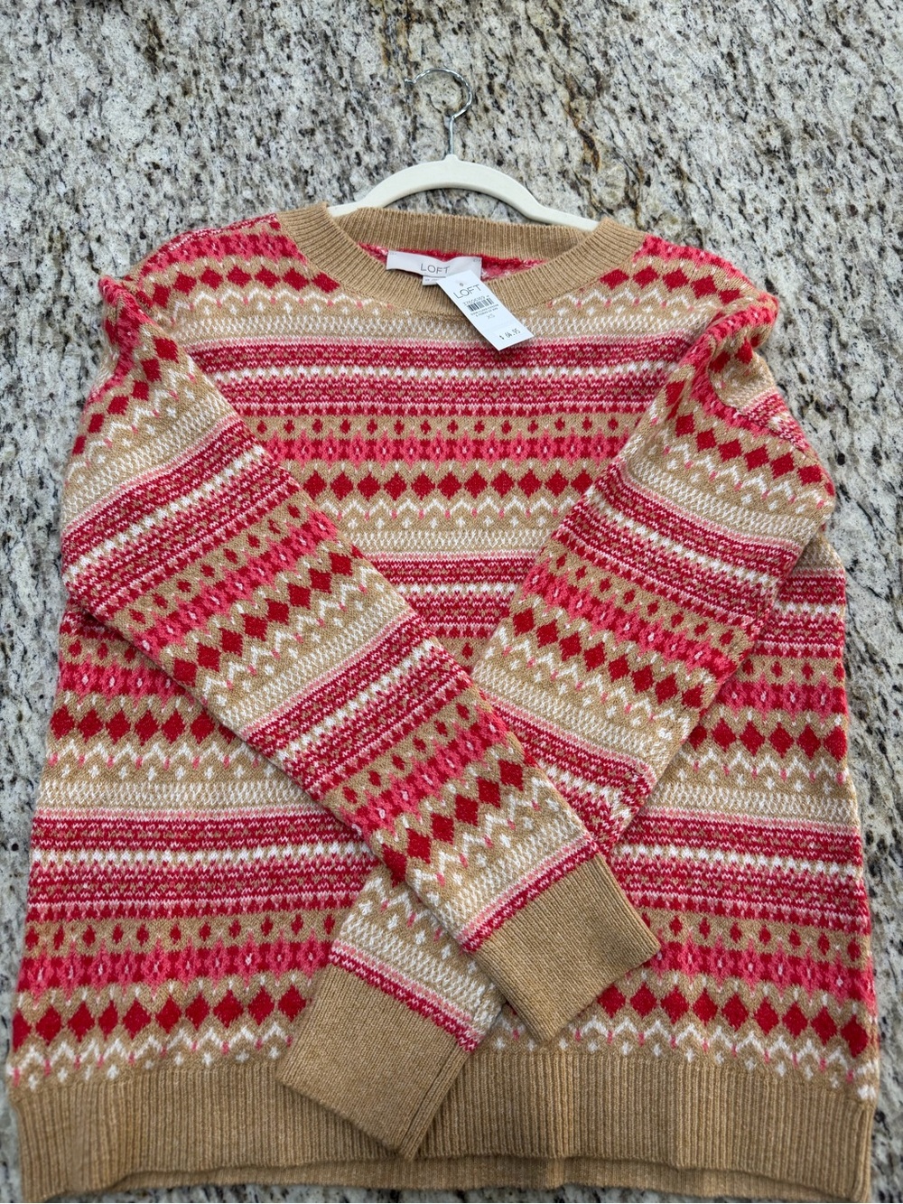 LOFT Red and Tan Fair Isle Crewneck Sweater
